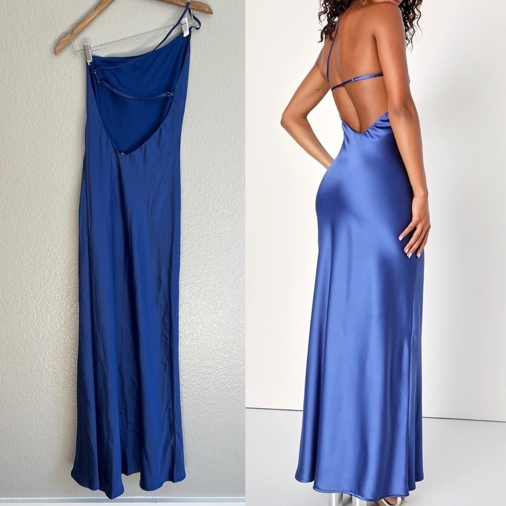 Flirtatious Evenings Blue Satin Asymmetrical Backless Maxi Dress